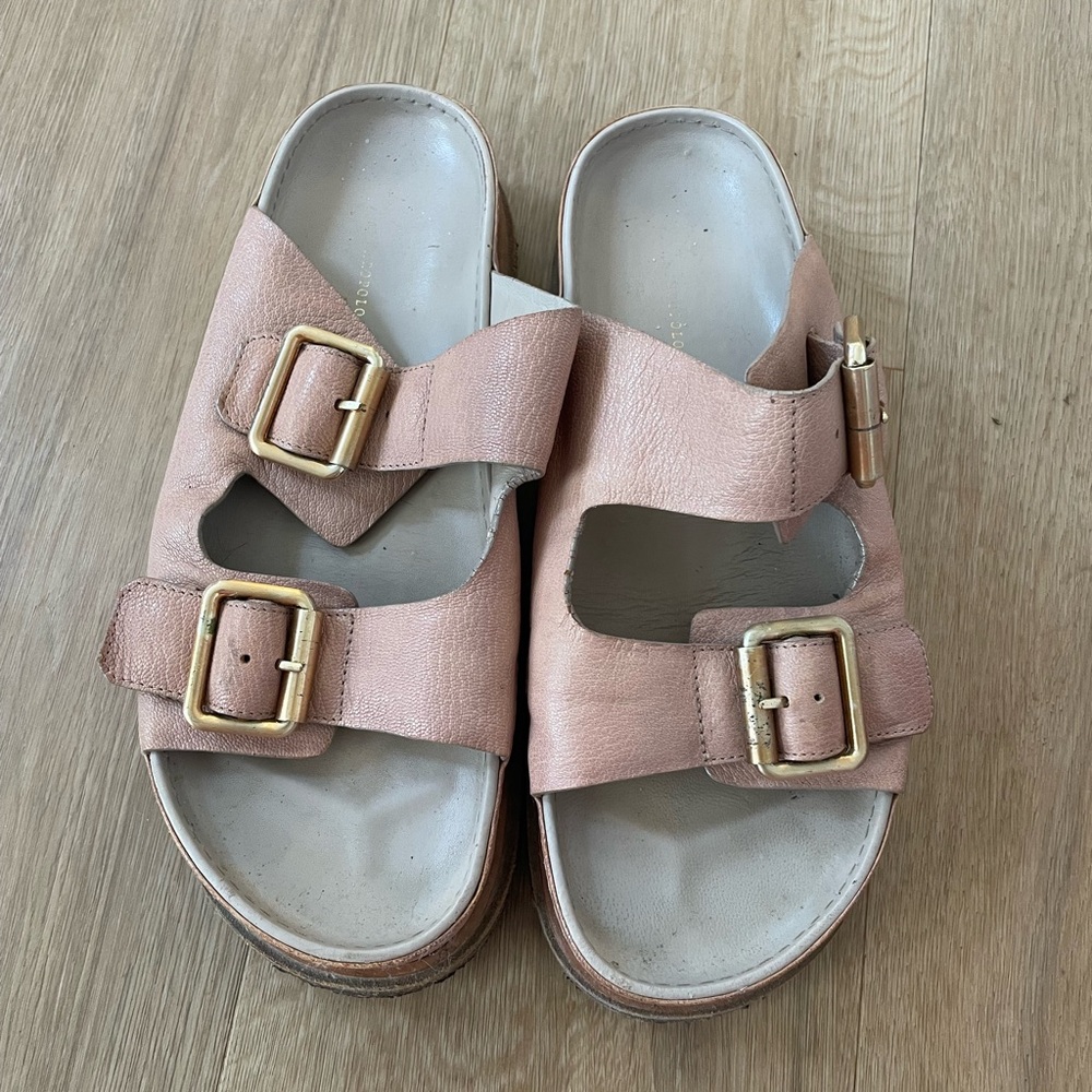Anthropologie Blush Leather Sandals with Gold Buckles